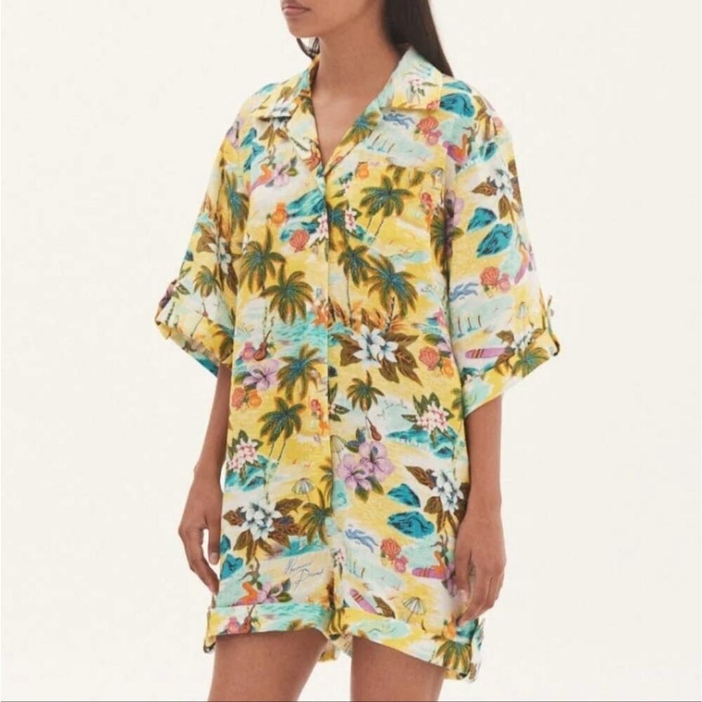 Alemais Holiday Tropical Print Boyfriend Shirt Linen Romper (0)